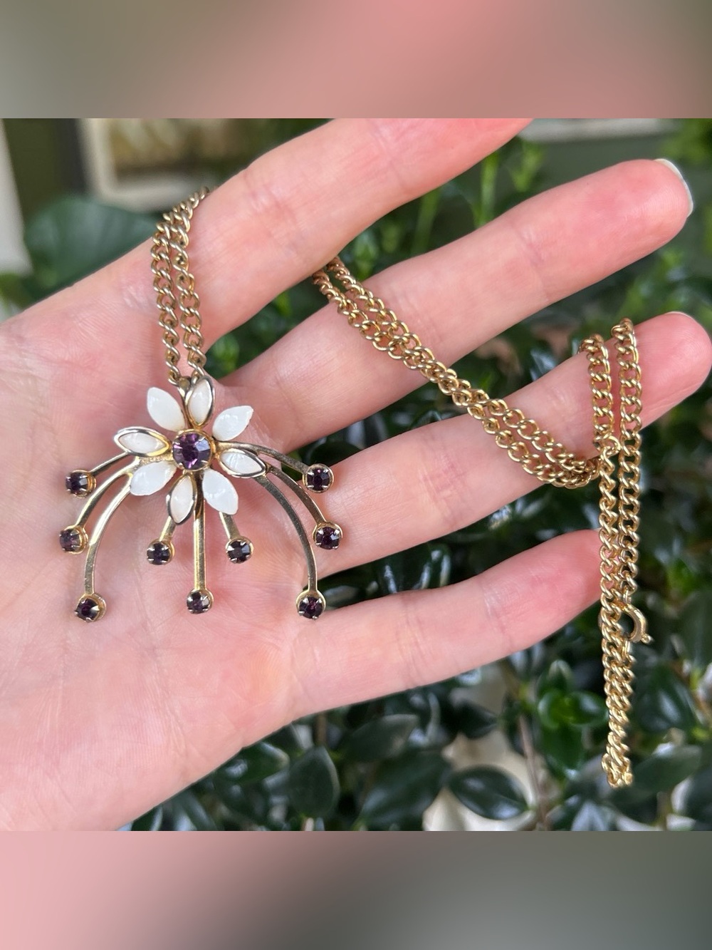Vintage Gold Flower Pendant Necklace with White Enamel and Purple Stones